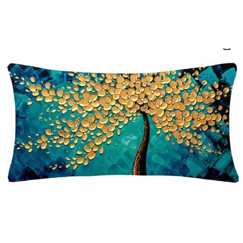 throw pillow‎ case 12 x 20 teal and gold painted tree print, zip, washable